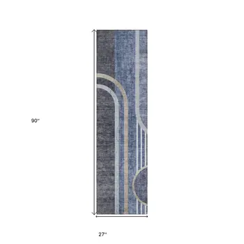 2' X 8' Blue and Black Abstract Washable Indoor Outdoor Runner Rug