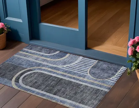 3' X 5' Blue and Black Abstract Washable Indoor Outdoor Area Rug
