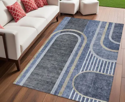 5' X 8' Blue and Black Abstract Washable Indoor Outdoor Area Rug