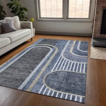 8' X 10' Blue and Black Abstract Washable Indoor Outdoor Area Rug