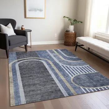 8' X 10' Blue and Black Abstract Washable Indoor Outdoor Area Rug
