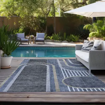 8' X 10' Blue and Black Abstract Washable Indoor Outdoor Area Rug