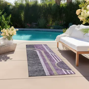 2' X 8' Purple and Black Abstract Washable Indoor Outdoor Runner Rug