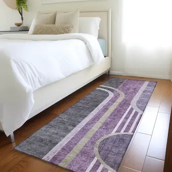 2' X 8' Purple and Black Abstract Washable Indoor Outdoor Runner Rug