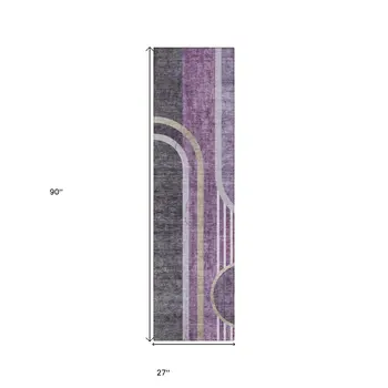 2' X 8' Purple and Black Abstract Washable Indoor Outdoor Runner Rug