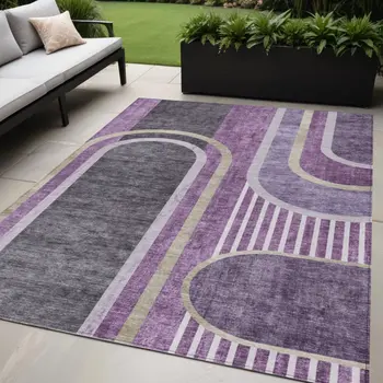 5' X 8' Purple and Black Abstract Washable Indoor Outdoor Area Rug