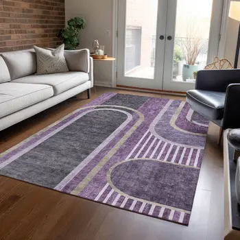 9' X 12' Purple and Black Abstract Washable Indoor Outdoor Area Rug