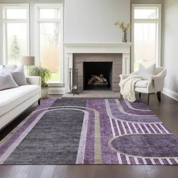 9' X 12' Purple and Black Abstract Washable Indoor Outdoor Area Rug