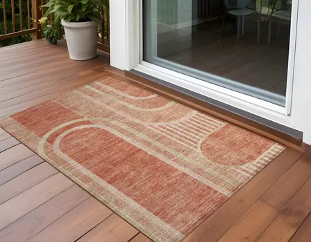 2' X 3' Salmon Abstract Washable Indoor Outdoor Area Rug