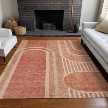 3' X 5' Salmon Abstract Washable Indoor Outdoor Area Rug