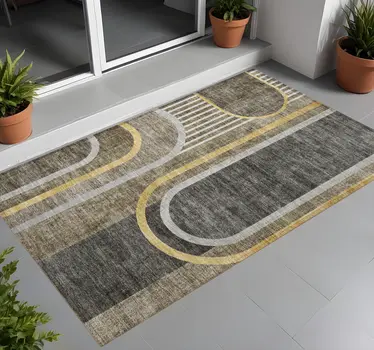 2' X 3' Gray Green and Gold Abstract Washable Non Skid Indoor Outdoor Area Rug