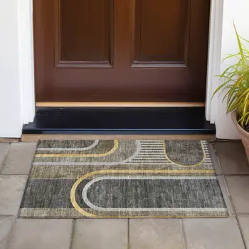 2' X 3' Gray Green and Gold Abstract Washable Non Skid Indoor Outdoor Area Rug