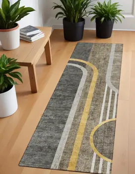 2' X 8' Gray Green and Gold Abstract Washable Non Skid Indoor Outdoor Area Rug