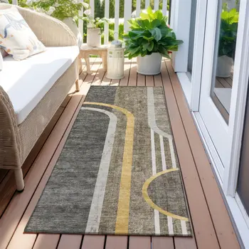 2' X 8' Gray Green and Gold Abstract Washable Non Skid Indoor Outdoor Area Rug