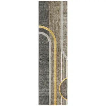 2' X 8' Gray Green and Gold Abstract Washable Non Skid Indoor Outdoor Area Rug
