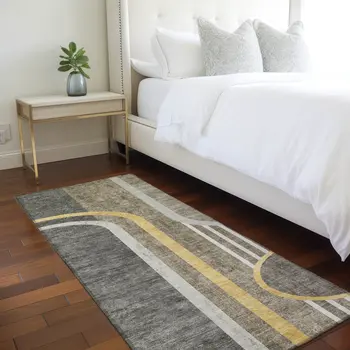 2' X 8' Gray Green and Gold Abstract Washable Non Skid Indoor Outdoor Area Rug