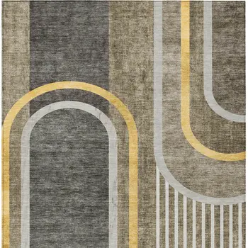 3' X 5' Gray Green and Gold Abstract Washable Non Skid Indoor Outdoor Area Rug