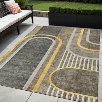 5' X 8' Gray Green and Gold Abstract Washable Non Skid Indoor Outdoor Area Rug