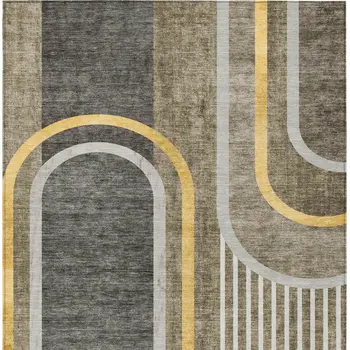 5' X 8' Gray Green and Gold Abstract Washable Non Skid Indoor Outdoor Area Rug