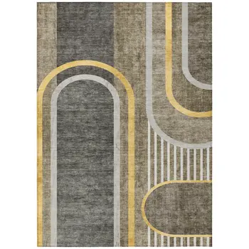 5' X 8' Gray Green and Gold Abstract Washable Non Skid Indoor Outdoor Area Rug