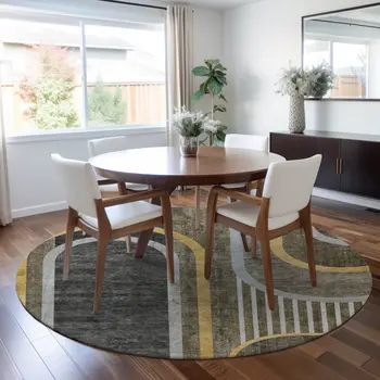 8' X 8' Gray Green and Gold Round Abstract Washable Non Skid Indoor Outdoor Area Rug
