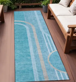 2' X 8' Teal Abstract Washable Indoor Outdoor Runner Rug