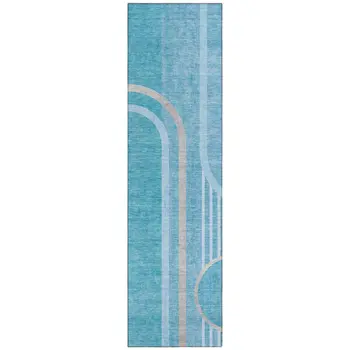 2' X 8' Teal Abstract Washable Indoor Outdoor Runner Rug