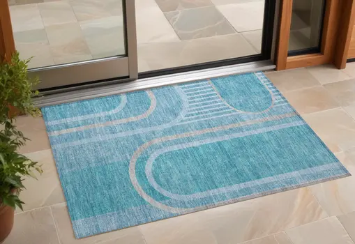 3' X 5' Teal Abstract Washable Indoor Outdoor Area Rug