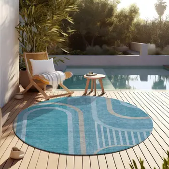 8' X 8' Teal Round Abstract Washable Indoor Outdoor Area Rug