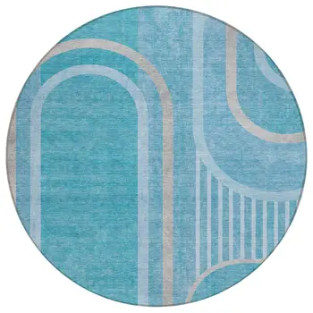 8' X 8' Teal Round Abstract Washable Indoor Outdoor Area Rug
