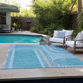 9' X 12' Teal Abstract Washable Indoor Outdoor Area Rug