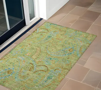 2' X 3' Artichoke Green Paisley Washable Indoor Outdoor Area Rug