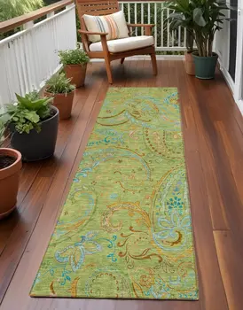 2' X 8' Artichoke Green Paisley Washable Indoor Outdoor Runner Rug