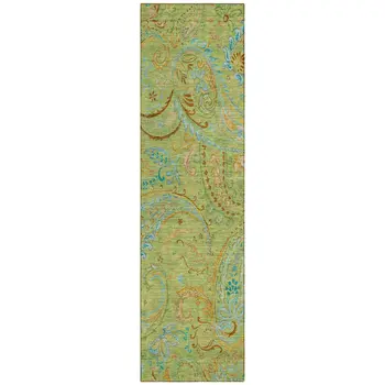 2' X 8' Artichoke Green Paisley Washable Indoor Outdoor Runner Rug