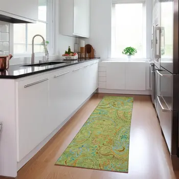 2' X 8' Artichoke Green Paisley Washable Indoor Outdoor Runner Rug