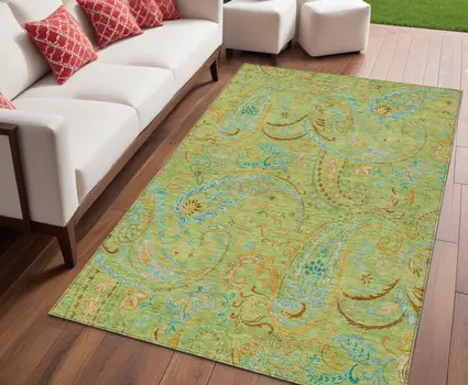5' X 8' Artichoke Green Paisley Washable Indoor Outdoor Area Rug