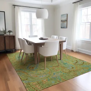 8' X 10' Artichoke Green Paisley Washable Indoor Outdoor Area Rug