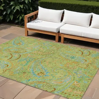 10' X 14' Artichoke Green Paisley Washable Indoor Outdoor Area Rug