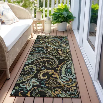 2' X 8' Black and Gold Paisley Washable Indoor Outdoor Runner Rug