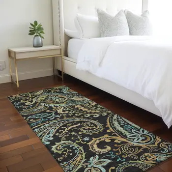 2' X 8' Black and Gold Paisley Washable Indoor Outdoor Runner Rug