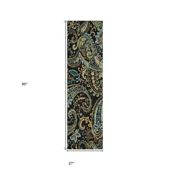 2' X 8' Black and Gold Paisley Washable Indoor Outdoor Runner Rug