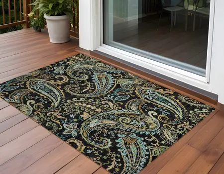 3' X 5' Black and Gold Paisley Washable Indoor Outdoor Area Rug