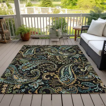3' X 5' Black and Gold Paisley Washable Indoor Outdoor Area Rug
