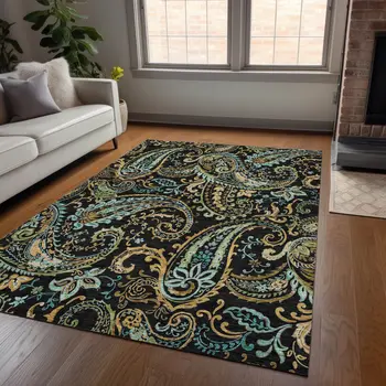 3' X 5' Black and Gold Paisley Washable Indoor Outdoor Area Rug