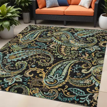 5' X 8' Black and Gold Paisley Washable Non Skid Indoor Outdoor Area Rug