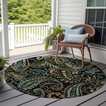 8' X 8' Black and Gold Round Paisley Washable Non Skid Indoor Outdoor Area Rug