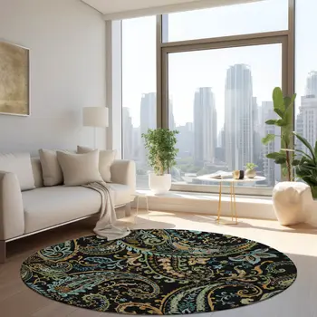 8' X 8' Black and Gold Round Paisley Washable Non Skid Indoor Outdoor Area Rug