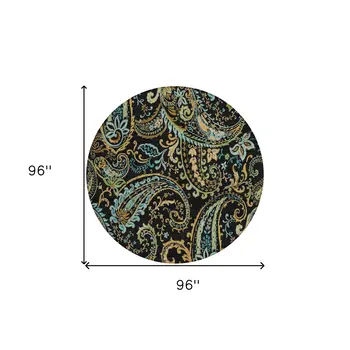 8' X 8' Black and Gold Round Paisley Washable Non Skid Indoor Outdoor Area Rug