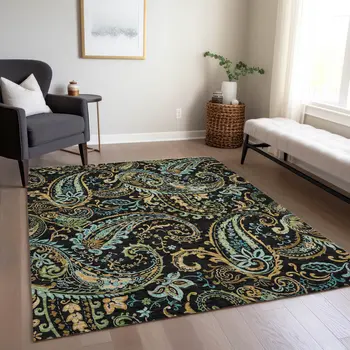 8' X 10' Black and Gold Paisley Washable Non Skid Indoor Outdoor Area Rug