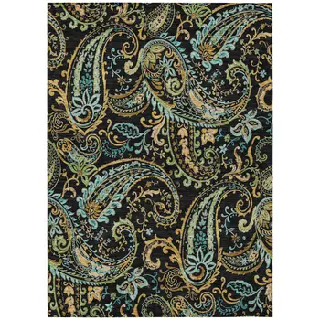 10' X 14' Black and Gold Paisley Washable Indoor Outdoor Area Rug